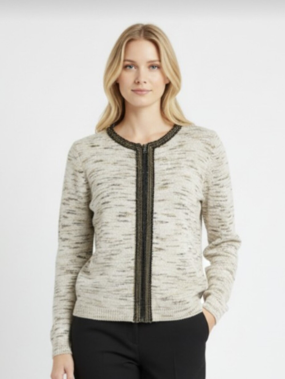 CHARTER CLUB PETITE! WOOL BLEND OATMEAL, BLACK,GOLD,GRAY ZIP MARL SWEATER! SZ PM